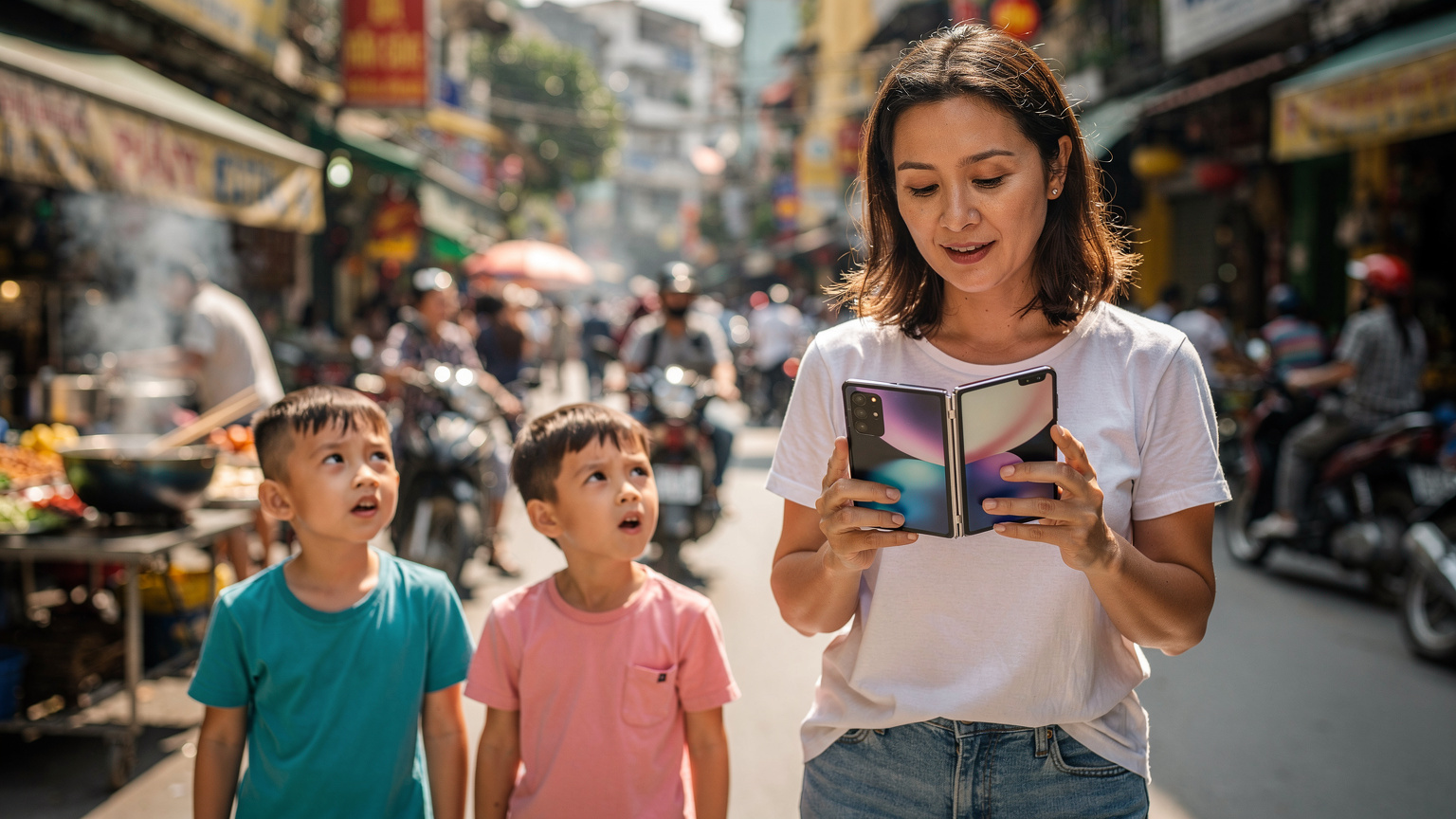 Vietnam'ın canlı sokaklarında, bir anne Samsung Galaxy Fold 6'sının büyük ekranında navigasyon uygulamasını kontrol ederken, çocukları çevredeki manzarayı hayranlıkla izliyor.