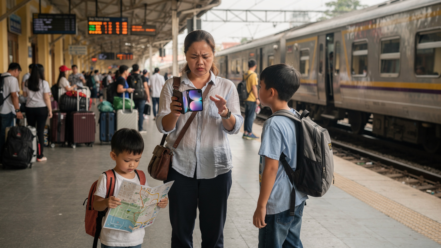 Vietnam'ın kalabalık bir tren istasyonunda, telaşlı bir anne, Samsung Galaxy Fold 6'sında bağlantı sorunları yaşadığını gösteren bir ifadeyle ekrana bakıyor, çocukları ise çevresindeki karmaşaya aldırmıyor.
