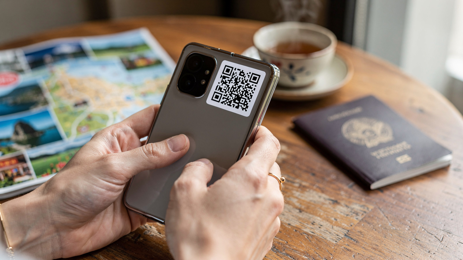 Bir yetişkinin elleri, Samsung Galaxy Fold 6'sında eSIM kurulumu için bir QR kodunu dikkatlice tararken görülüyor. Arka planda bir seyahat dergisi ve pasaportlar var.