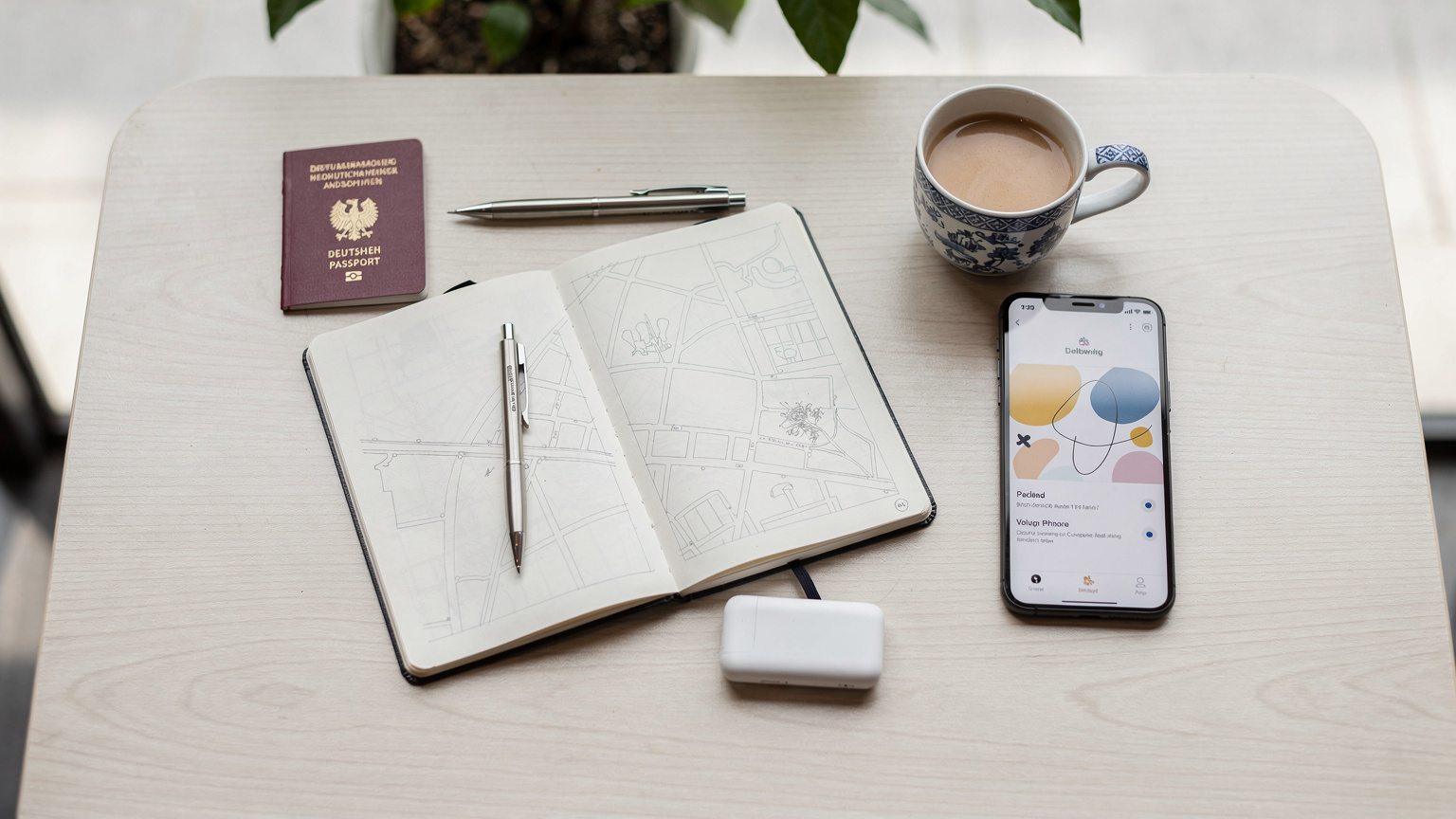 Ein Overhead-Flat-Lay-Foto, das ein geöffnetes Reisetagebuch, einen Stift, einen Reisepass, eine Powerbank und ein Smartphone mit einer geöffneten Karten-App zeigt, alles auf einem Holztisch in einem thailändischen Café arrangiert.