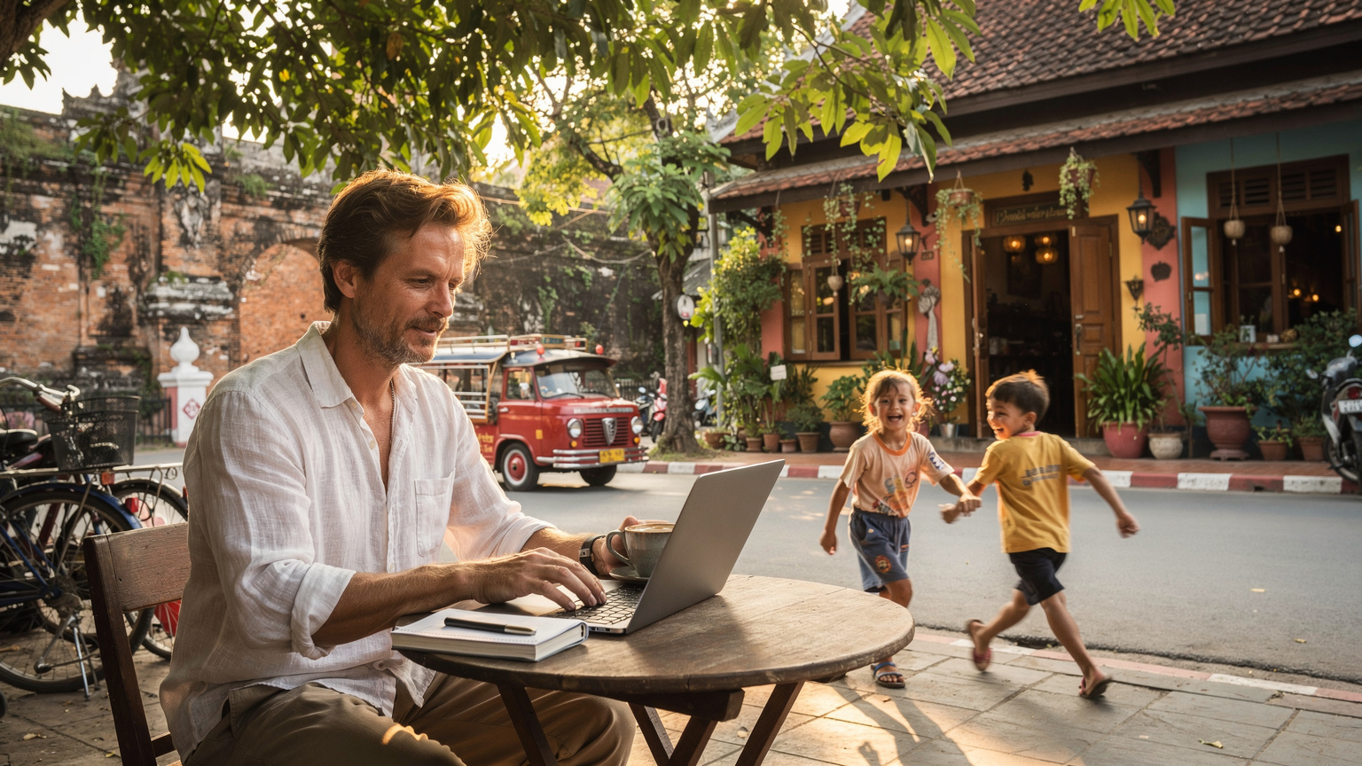 Ein lebhaftes Straßenbild in Chiang Mais Altstadt, wo ein digitaler Nomade vor einem lokalen Café sein Laptop aufklappt, während im Hintergrund spielende Kinder und ein rotes Songthaew vorbeifahren.