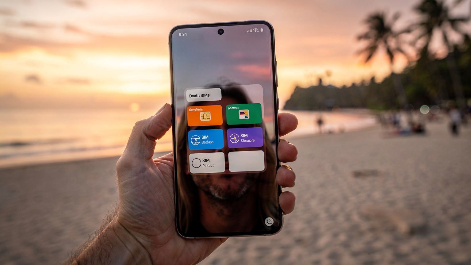 L'écran d'un Samsung Galaxy S25 montrant l'interface du gestionnaire de cartes SIM, avec plusieurs profils eSIM nommés clairement pour différentes régions, comme 'Asie du Sud-Est' et 'Europe', sur un fond d'écran de voyage.