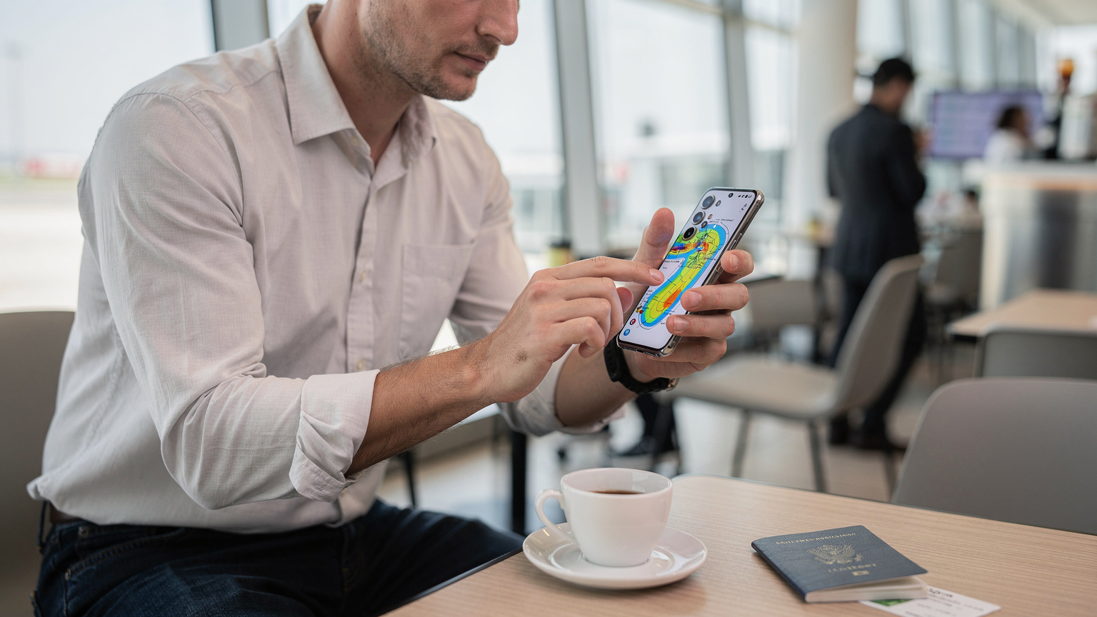 Un voyageur examinant l'écran de son Samsung Galaxy S25, qui affiche une carte de couverture réseau mondiale avec des bandes de fréquence colorées, dans un café d'aéroport animé.