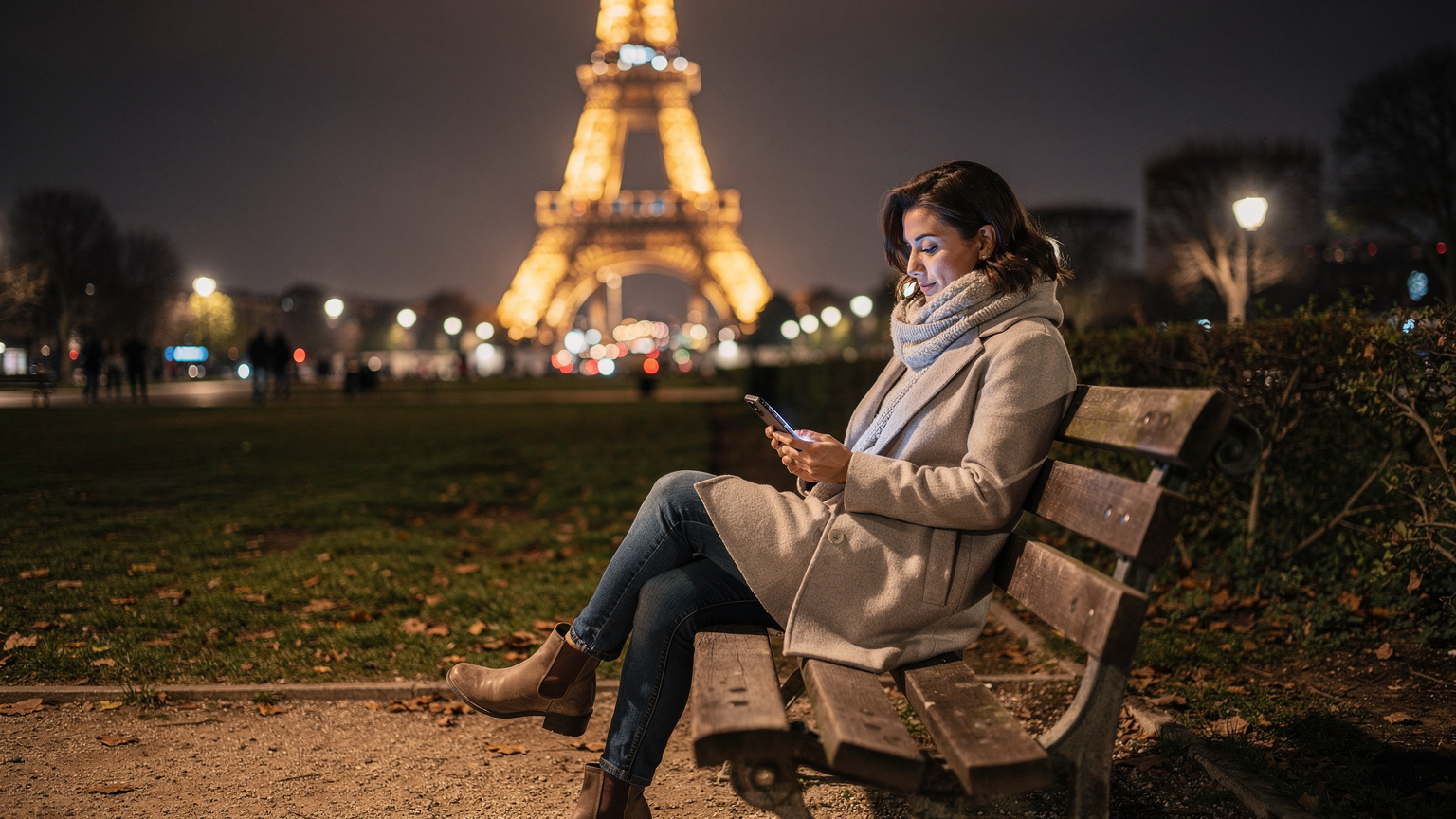 Une femme consulte son Samsung Galaxy S25 sur un banc public éclairé par la lueur de la Tour Eiffel la nuit, montrant la connectivité mondiale et la sécurité en voyage.