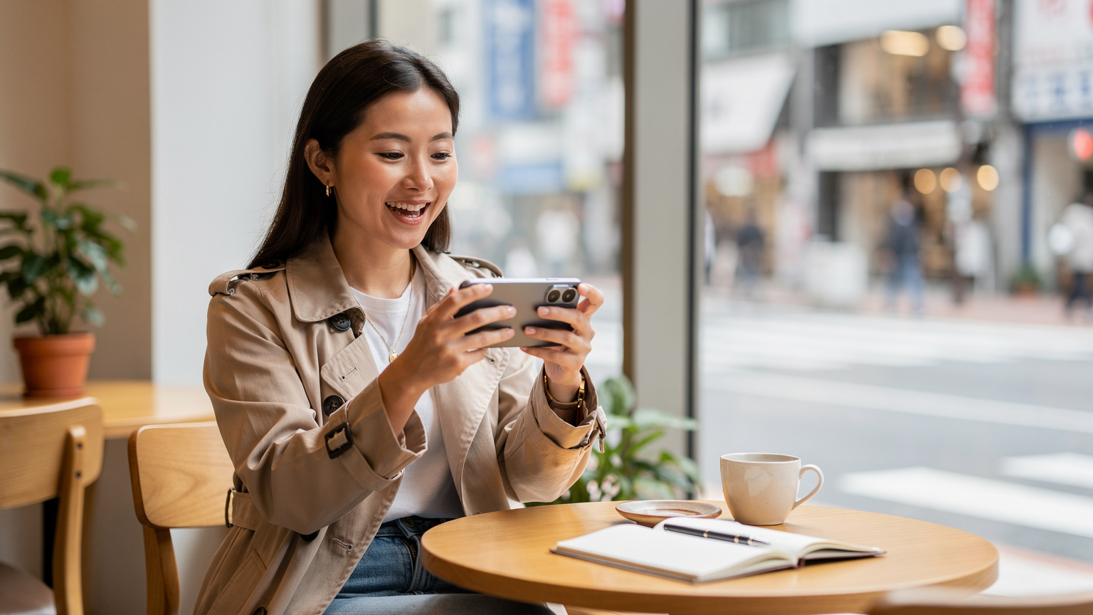 Une femme souriante utilise son Samsung Galaxy S25 pour une vidéoconférence fluide, assise à une table dans un café moderne et lumineux du quartier de Shibuya à Tokyo, avec des passants flous en arrière-plan.