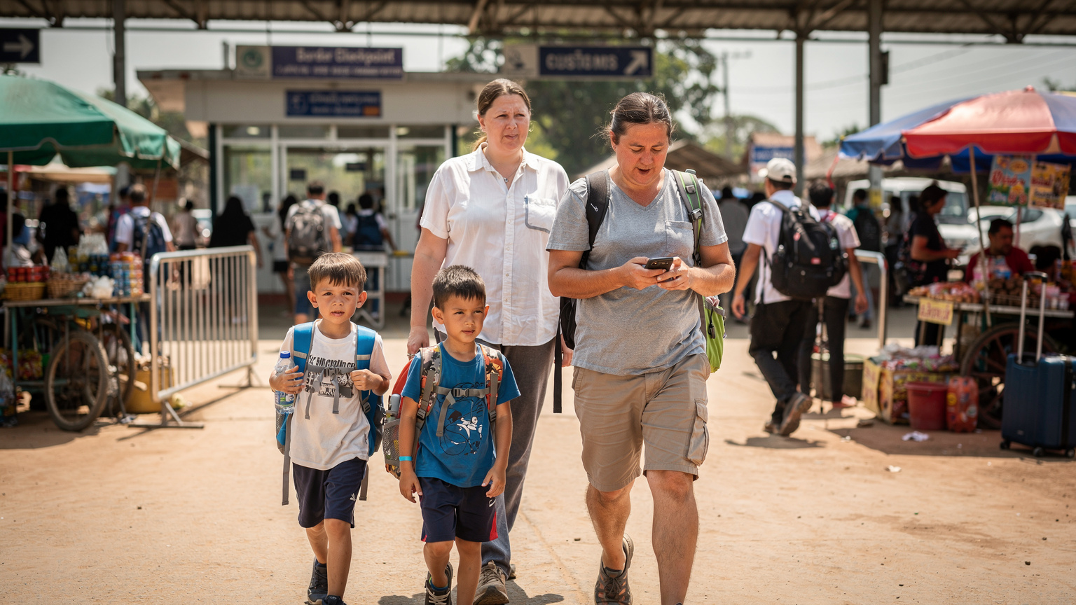 A family with two children walking through a bustling land border checkpoint between Laos and Cambodia, a parent subtly checking their smartphone for signal.