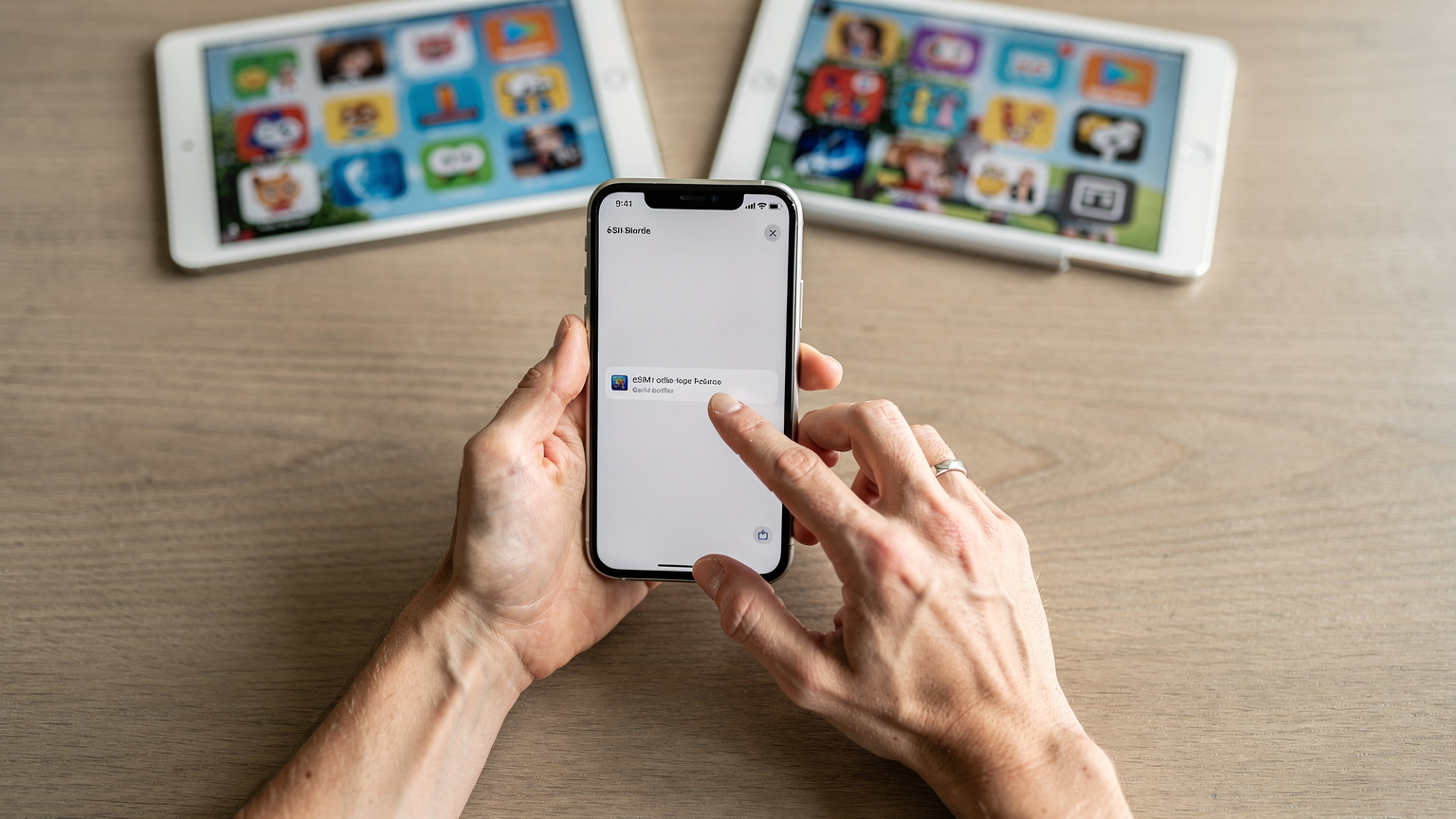 A parent's hands configuring an eSIM on a smartphone, with two children's iPads open on a table nearby, displaying colorful game or streaming app icons.