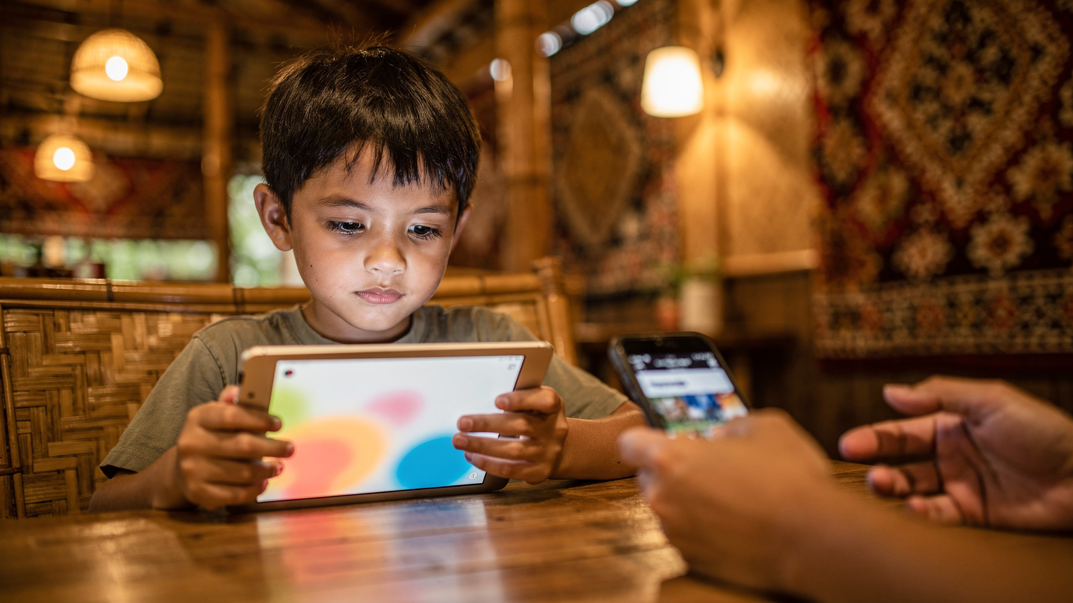 A young child, around 9 years old, engrossed in an educational game on an iPad, connected via a parent's mobile hotspot, inside a traditional Southeast Asian cafe.