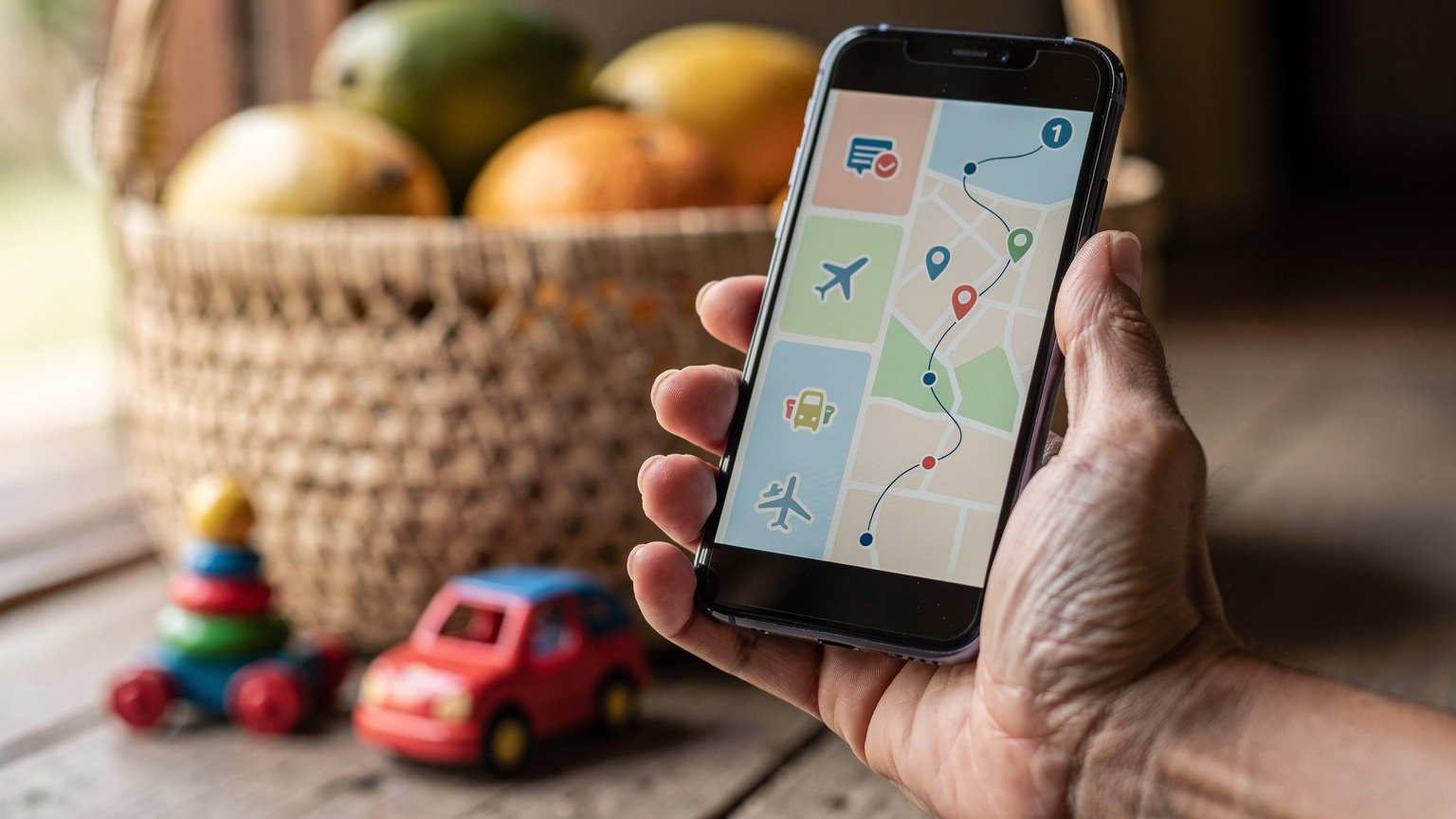 A close-up of a parent's hand holding a smartphone displaying a travel itinerary, with a traditional Cambodian woven basket and a child's small toy in the soft-focus background.