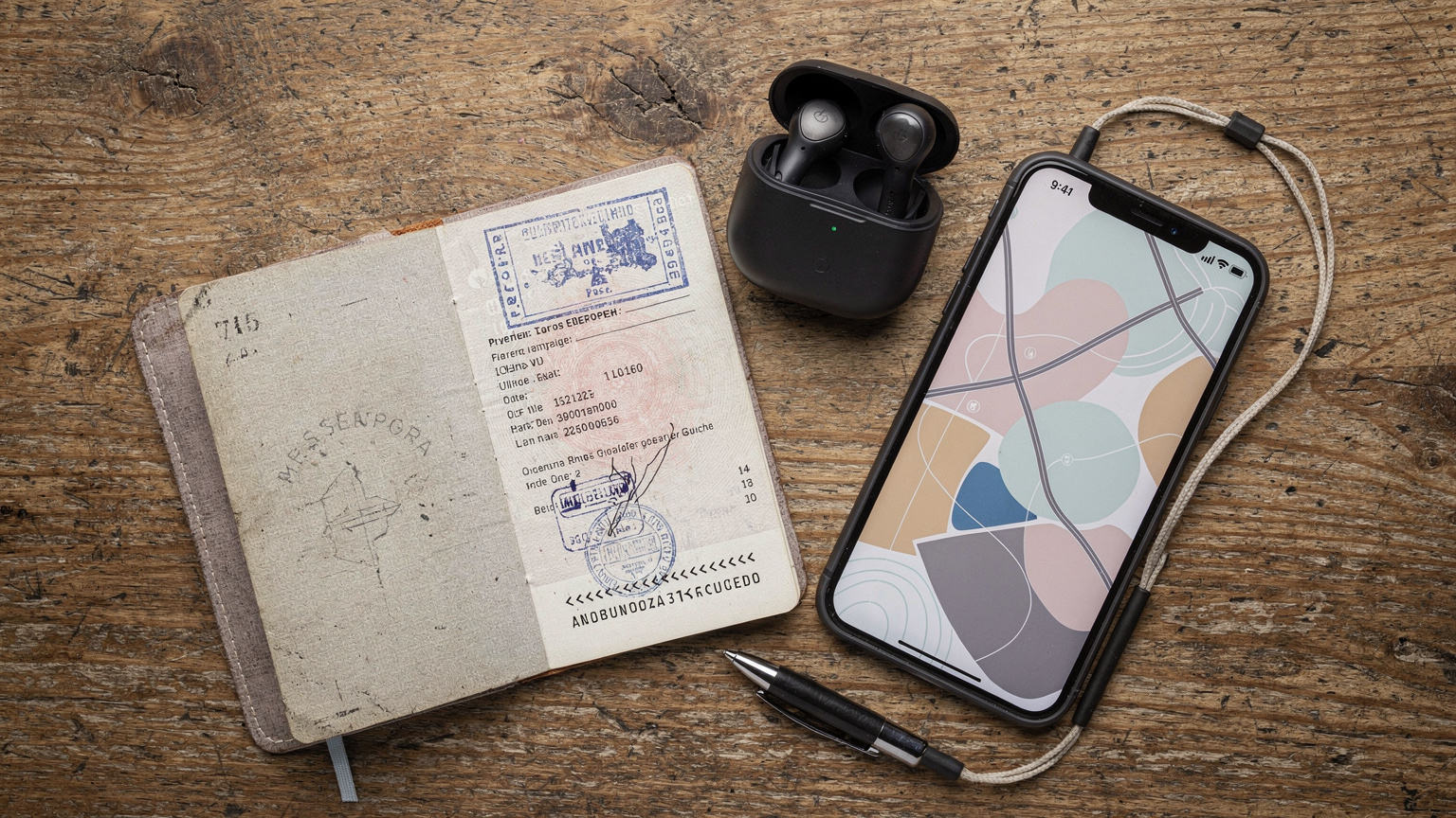 An overhead flat-lay of a minimalist travel setup: a passport open to an Iceland stamp, a smartphone displaying a map, a pair of wireless earbuds, and a small, well-worn travel journal, suggesting efficient and thoughtful travel planning.