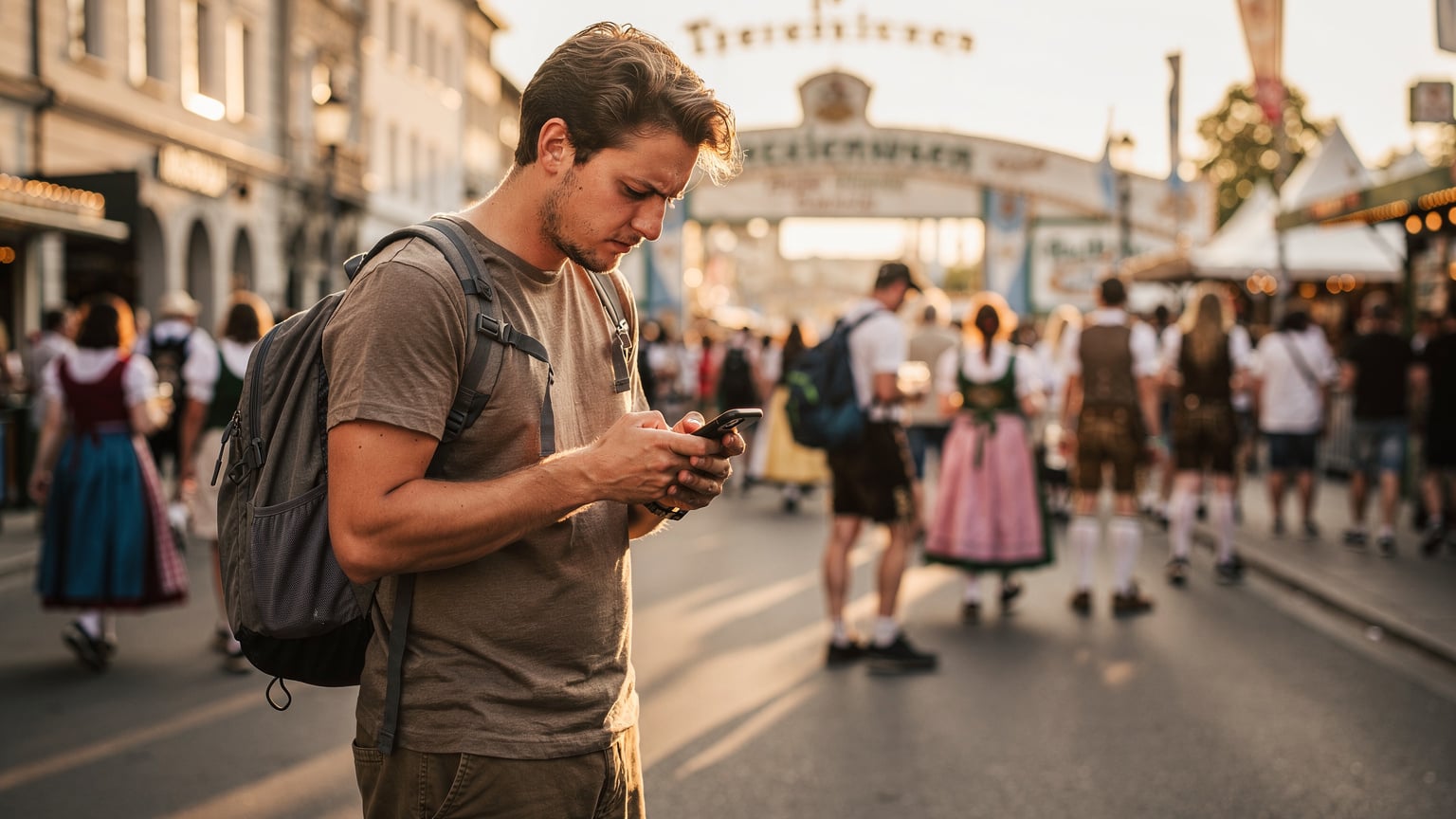 A young man with a backpack checking his phone for directions on a bustling street near the Theresienwiese during Oktoberfest, surrounded by people in traditional Bavarian attire.