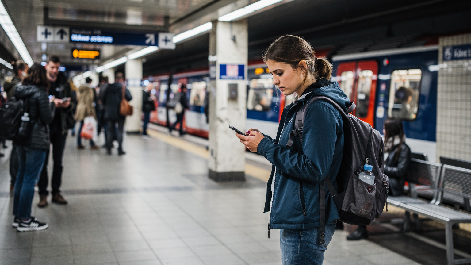A person standing slightly apart from a lively crowd at a Munich U-Bahn station, looking at their phone with a concerned expression, suggesting they are trying to reconnect with lost friends or find directions.