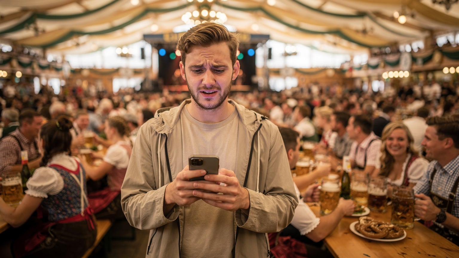 A traveler, slightly overwhelmed, checks their phone amidst the lively, crowded atmosphere of a typical Oktoberfest beer tent, likely trying to locate friends or a reservation.