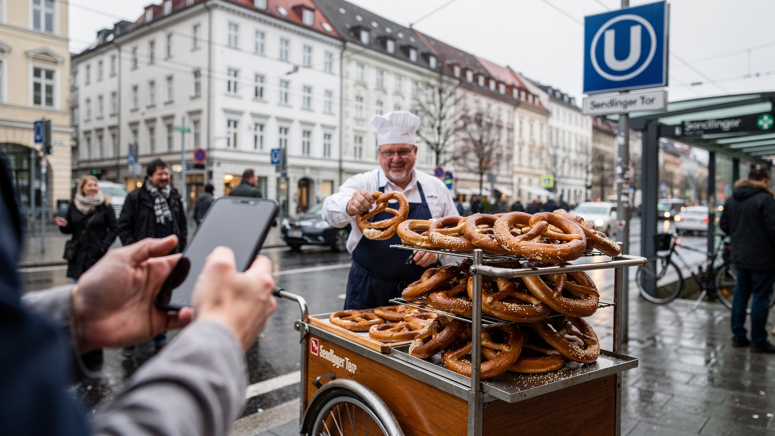 A German street food vendor selling Brezeln (pretzels) from a cart near a bustling U-Bahn station, with a traveler in the foreground discreetly checking their phone for a notification.