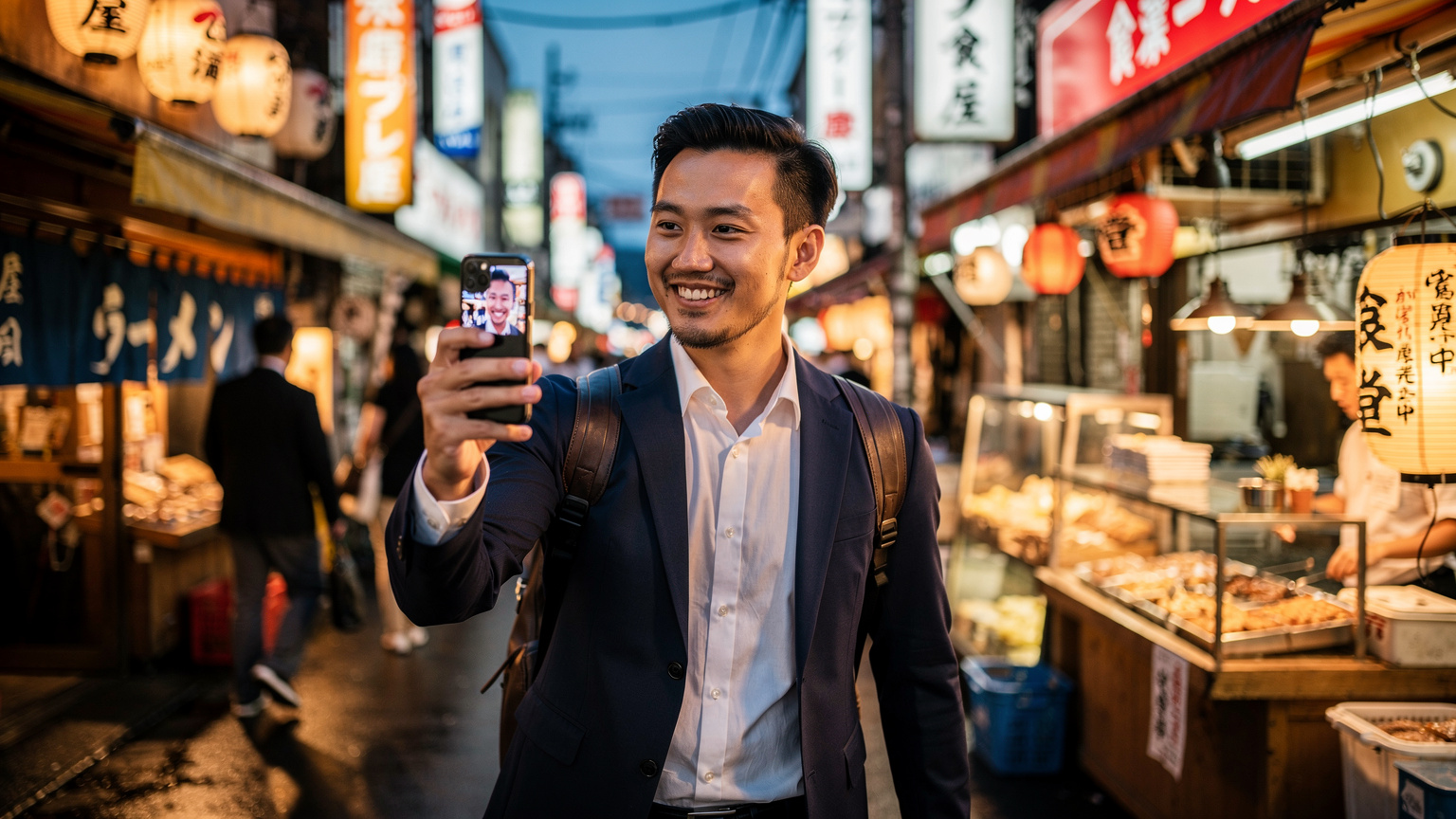 A team member confidently making a video call from a vibrant street market in Tokyo, showcasing seamless global connectivity.