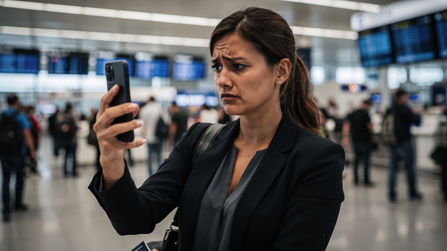 A frustrated business traveler in a bustling airport terminal, checking their phone for connectivity, highlighting the pain point of unreliable data.