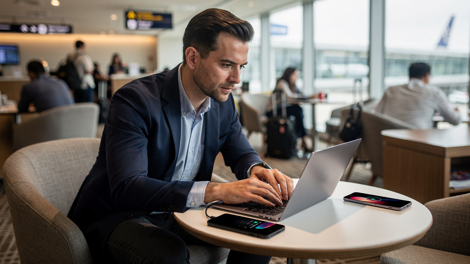 A business traveler focused on their laptop in a busy airport lounge, ensuring uninterrupted work before their next flight.