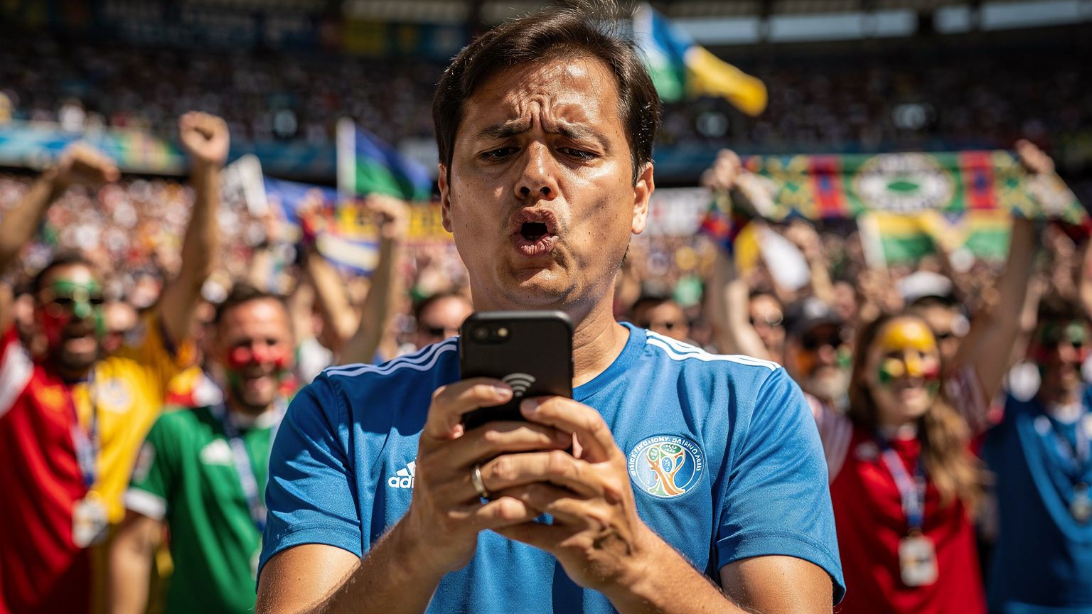 A slightly frantic parent looking at their smartphone with a 'no service' icon, surrounded by a blurry but vibrant crowd of football fans inside a densely packed World Cup stadium, capturing a moment of connectivity frustration.