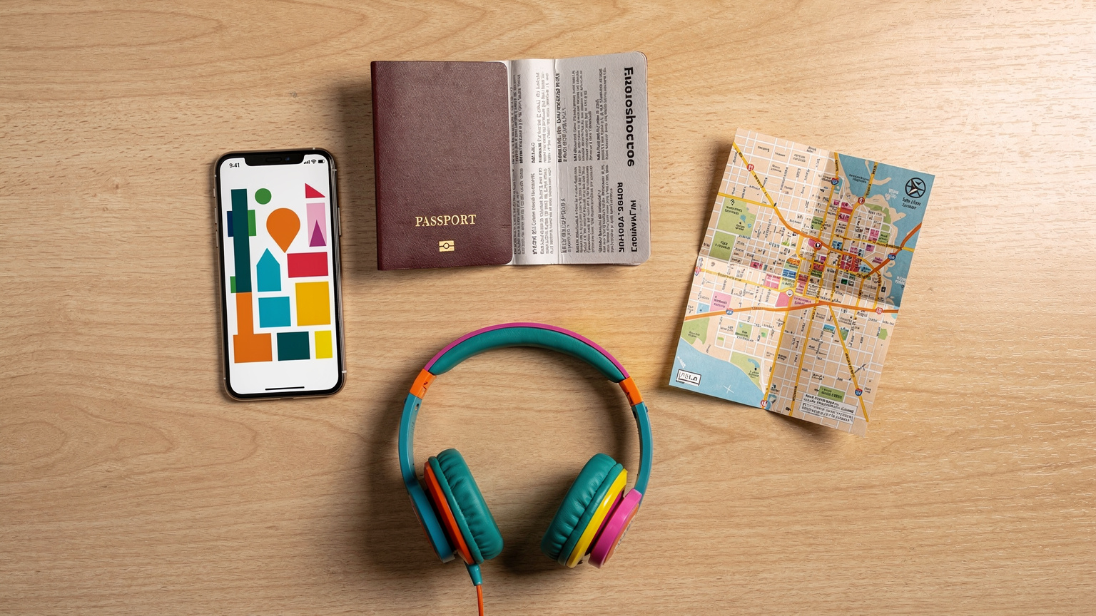 An editorial overhead flat-lay shot featuring a passport, a smartphone displaying a navigation app, a small local city map, and a pair of child-sized headphones, all neatly arranged on a cafe table, suggesting organized travel planning.