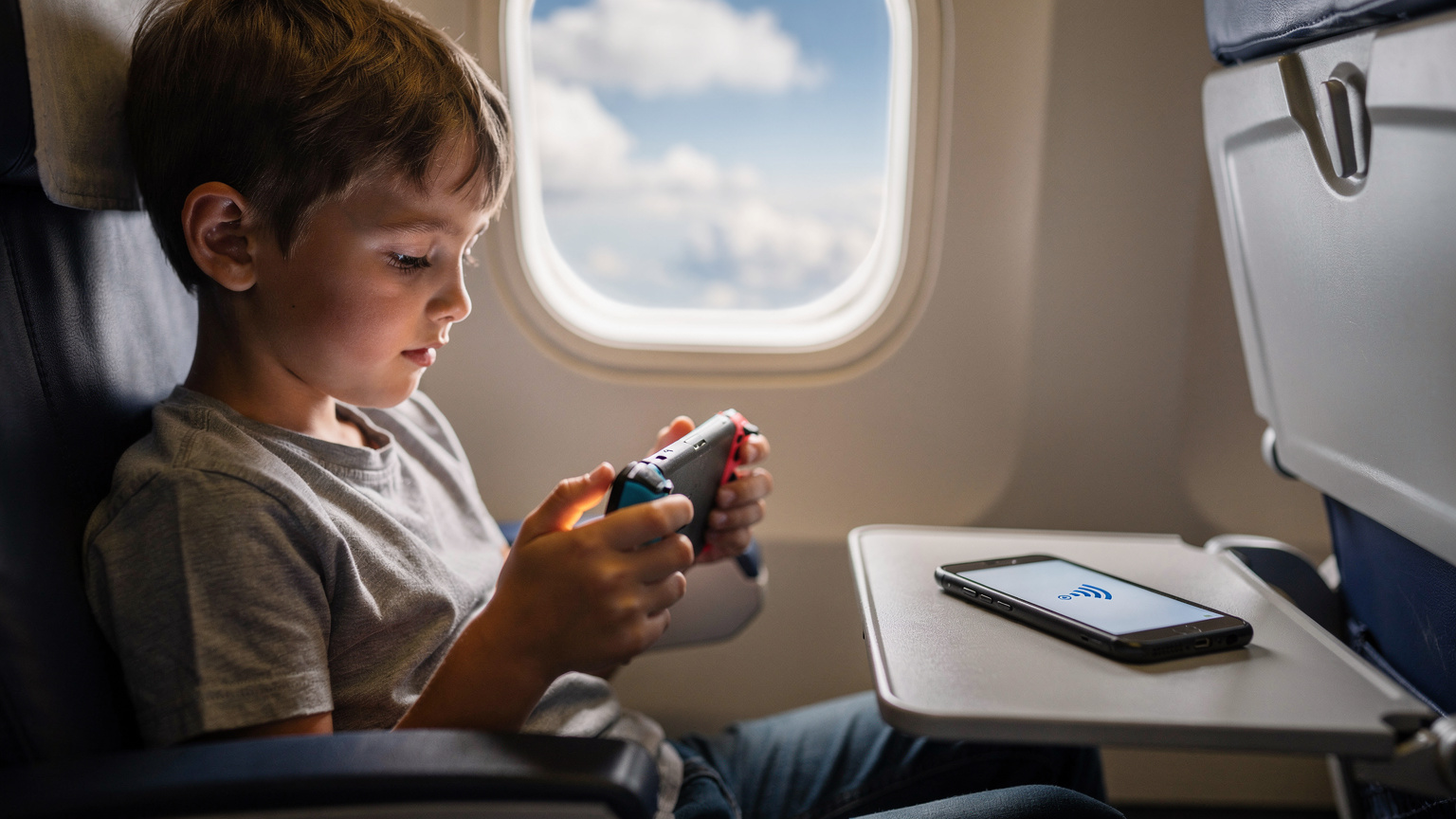 A child, perhaps around 9-10 years old, intently playing on a Nintendo Switch console, with a parent's smartphone clearly visible next to it, displaying a Wi-Fi hotspot icon, against the backdrop of an airplane window at cruising altitude.