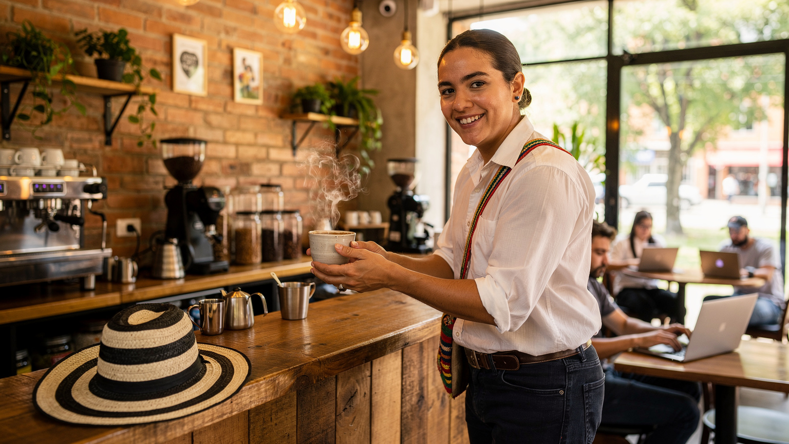Ein Barista reicht in einem geschäftigen Café in Provenza, Medellín, eine Tasse kolumbianischen Kaffee über die Theke. Im Hintergrund sind digitale Nomaden mit Laptops zu sehen.