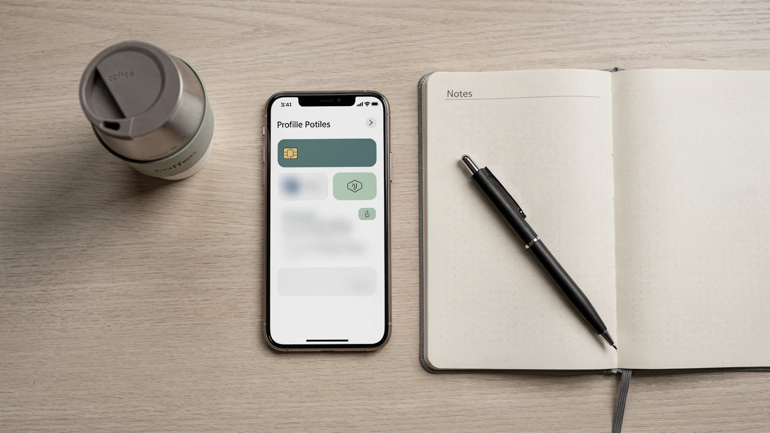 Eine Nahaufnahme eines Smartphones, das eine digitale eSIM-Profilseite anzeigt, umgeben von einer nachhaltigen, wiederverwendbaren Kaffeetasse und einem Notizbuch auf einem Holztisch.