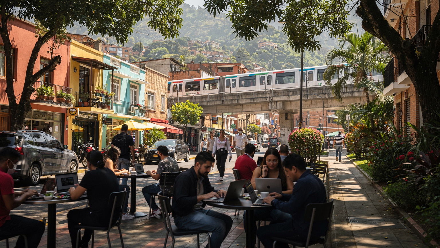 Eine belebte Straße in El Poblado, Medellín, mit Menschen, die draußen in Cafés sitzen und arbeiten, während die Metro im Hintergrund vorbeifährt.