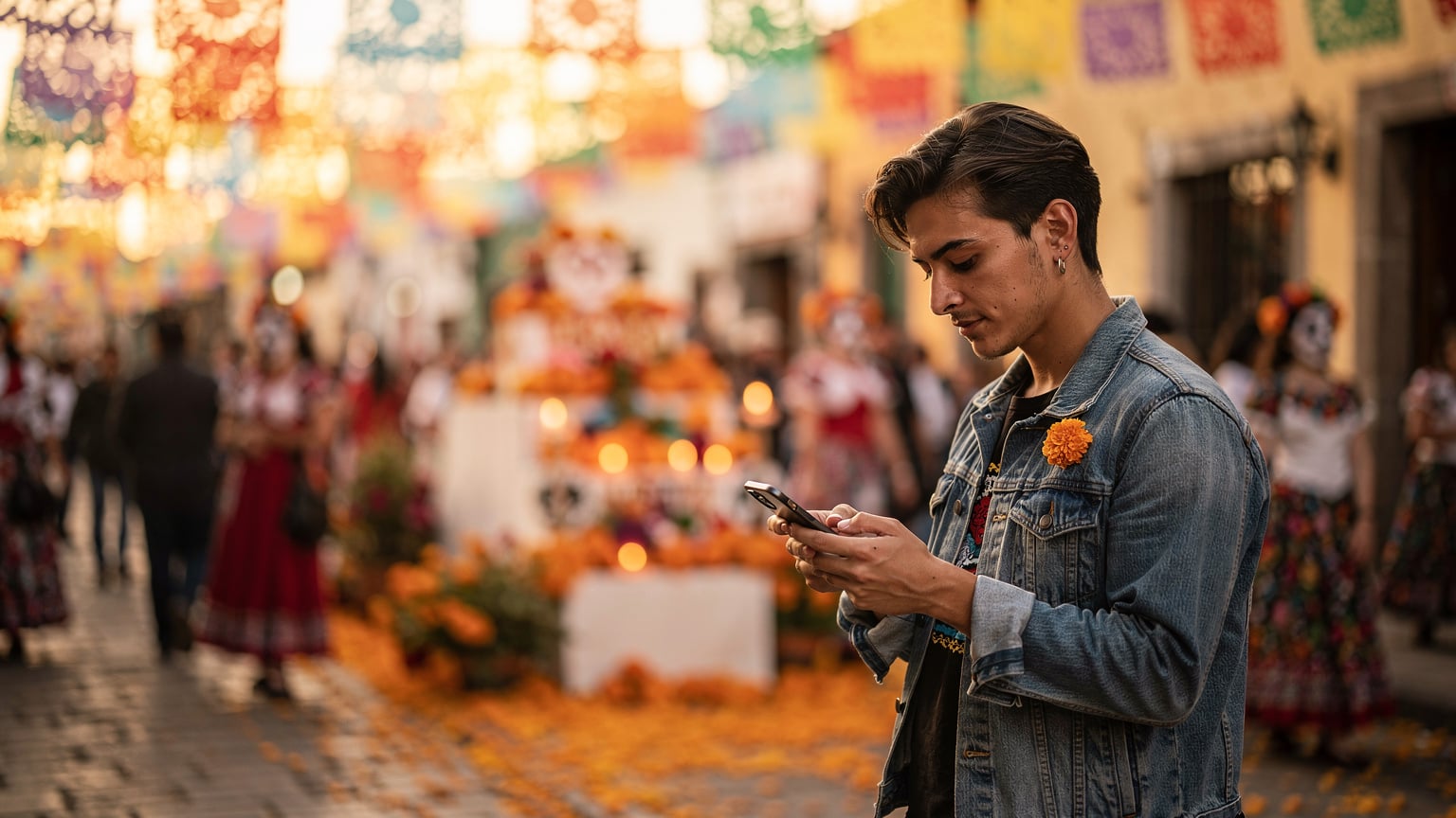 A digital nomad sits at a wooden table in a brightly lit co-working space in Oaxaca, Mexico, reviewing photos of Día de los Muertos altars on her smartphone, a traditional marigold bouquet in the background.