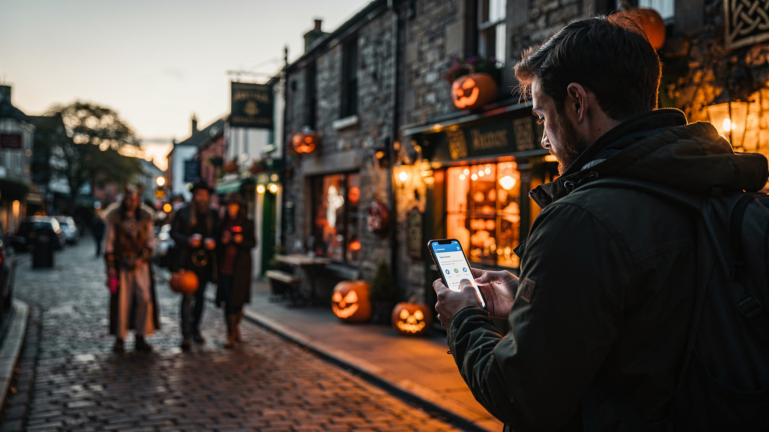 A group of friends laughing and taking selfies with their phones during a Halloween festival in Dublin, with historical buildings in the background and soft, twilight lighting.