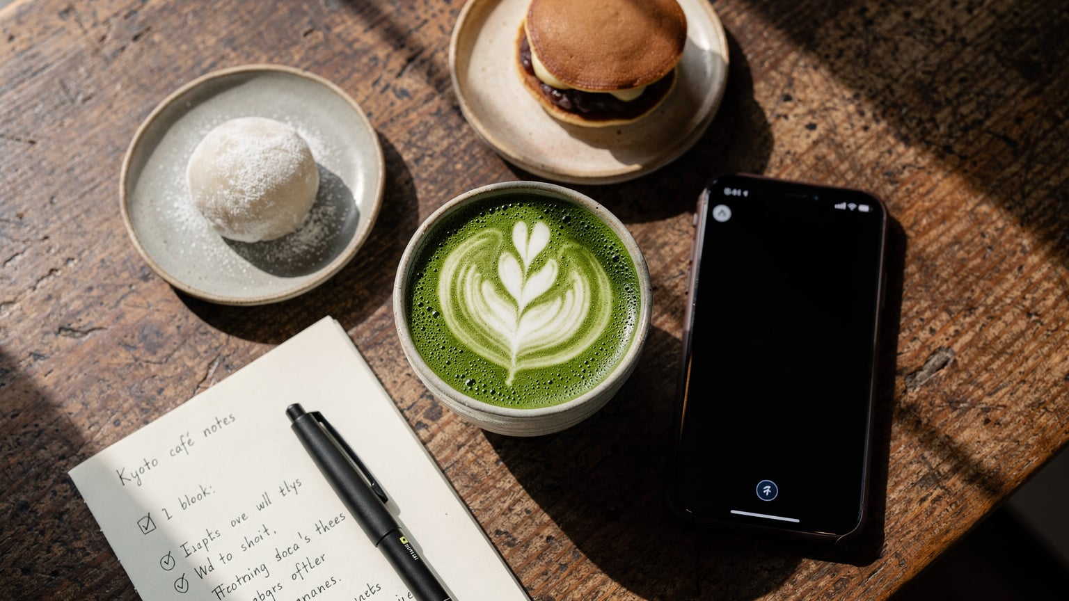 A digital nomad sips matcha at a chic Kyoto cafe, her phone prominently displaying a strong Wi-Fi signal, surrounded by local Japanese pastries.
