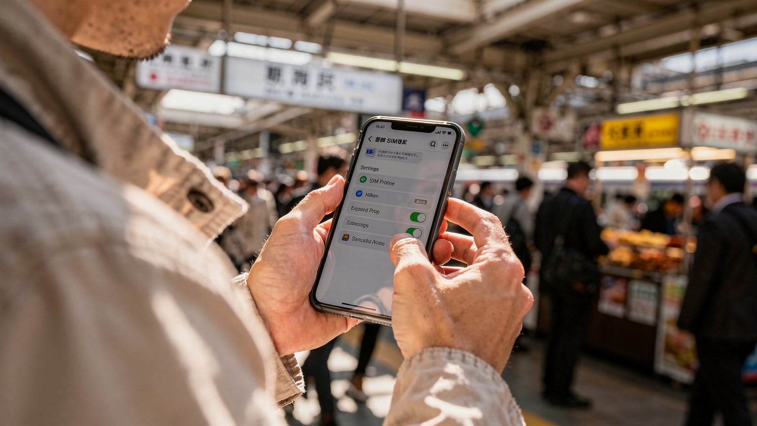 A traveler meticulously checks their smartphone settings for eSIM activation while enjoying a quick bite at a bustling train station in Shinjuku, Tokyo.