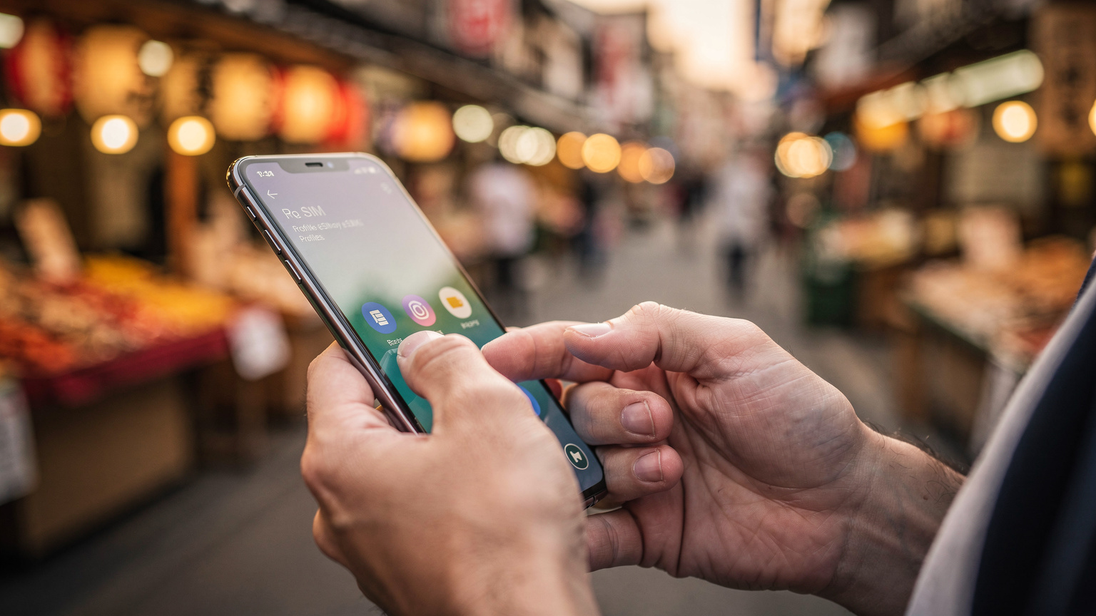 Close-up of hands navigating a phone's settings to switch eSIM profiles, set against the blurred backdrop of a traditional Japanese street market.