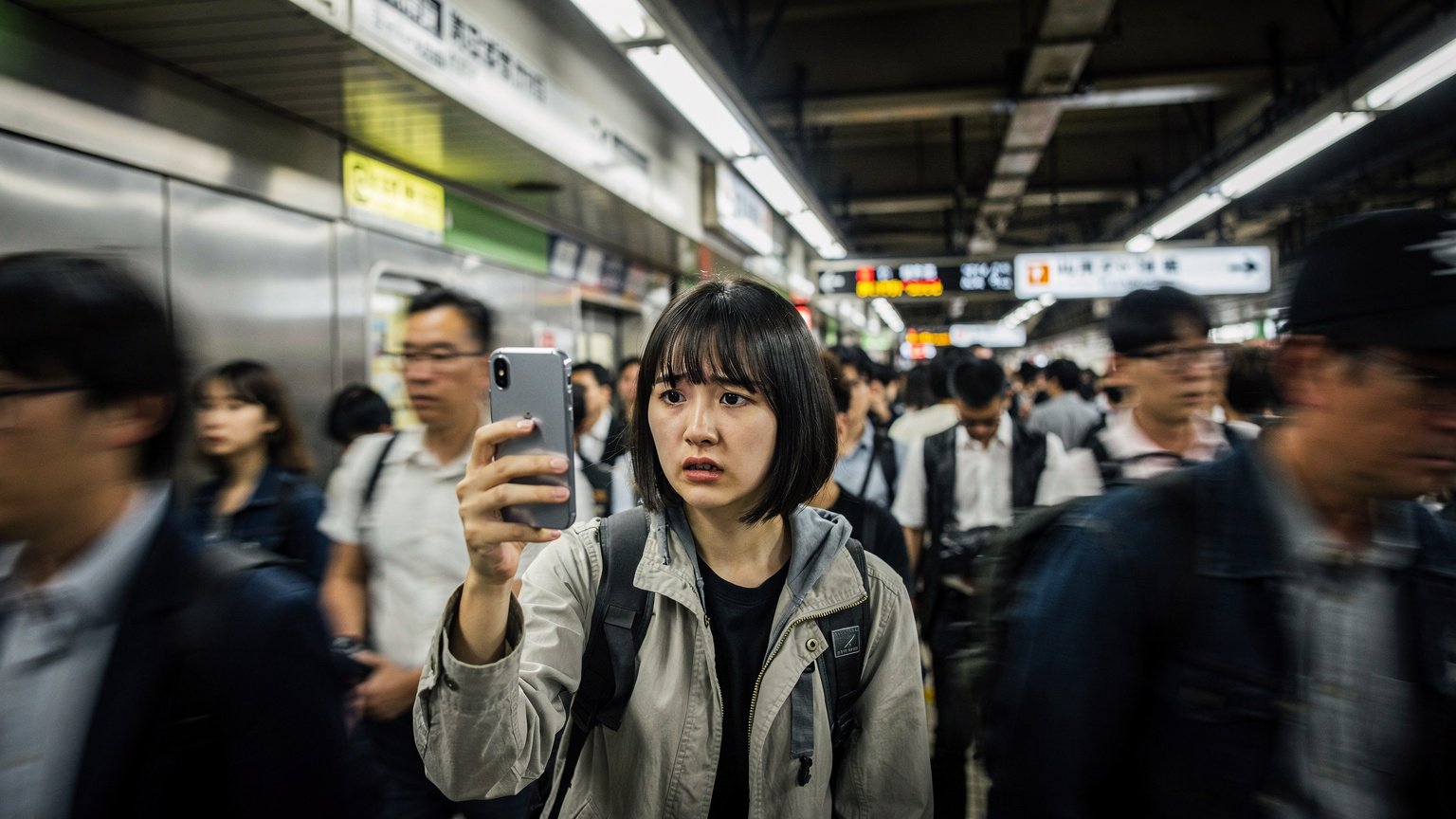 A young traveler looks frustrated, holding her phone up in a crowded Tokyo subway station, indicating a lack of signal despite the urban setting.