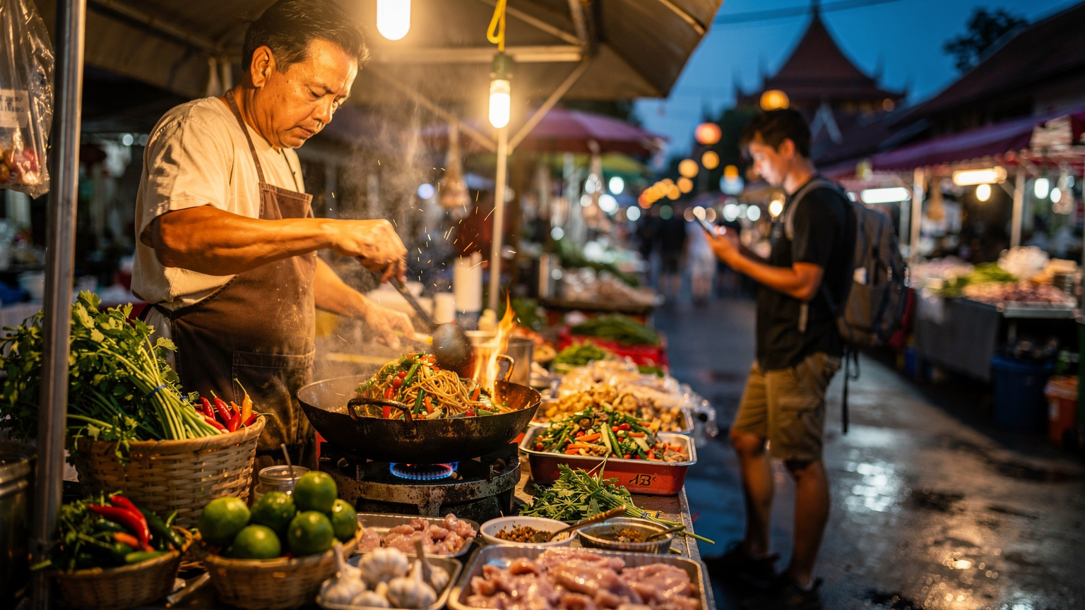 A street food vendor in Chiang Mai preparing a dish, with a traveler in the background looking at their phone, likely using a navigation app or translating a menu item, amidst the bustling market atmosphere.
