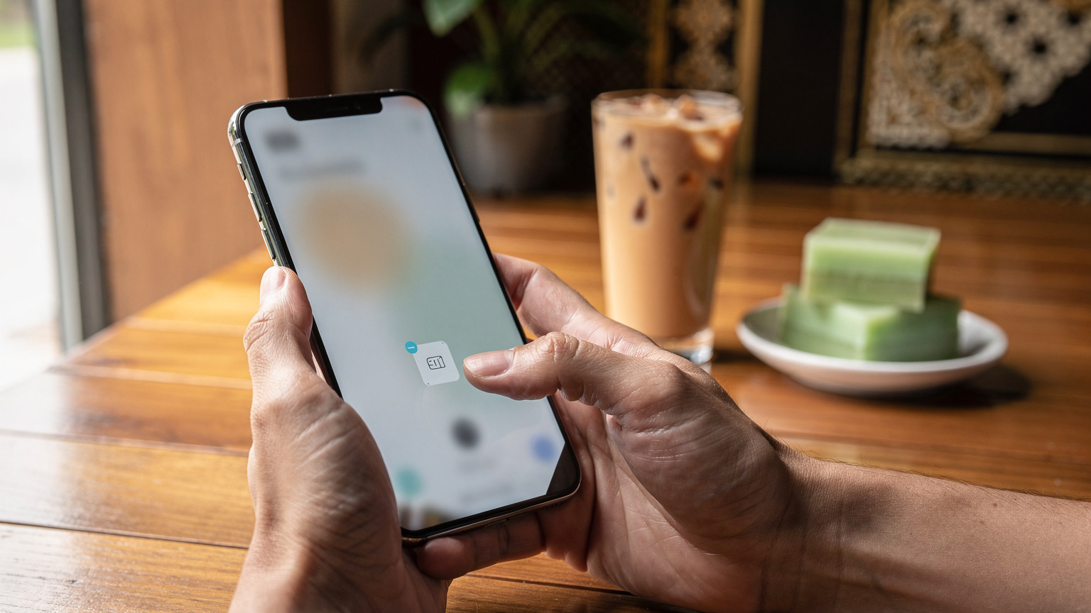 A close-up of a traveler's hands interacting with their smartphone, navigating an eSIM activation screen in a modern Bangkok café, with a traditional Thai coffee on the table.