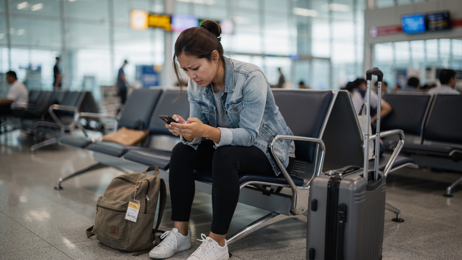 A traveler looking at their phone with a slightly concerned expression, possibly due to a connectivity issue, while sitting at an airport gate in Bangkok, surrounded by other travelers.