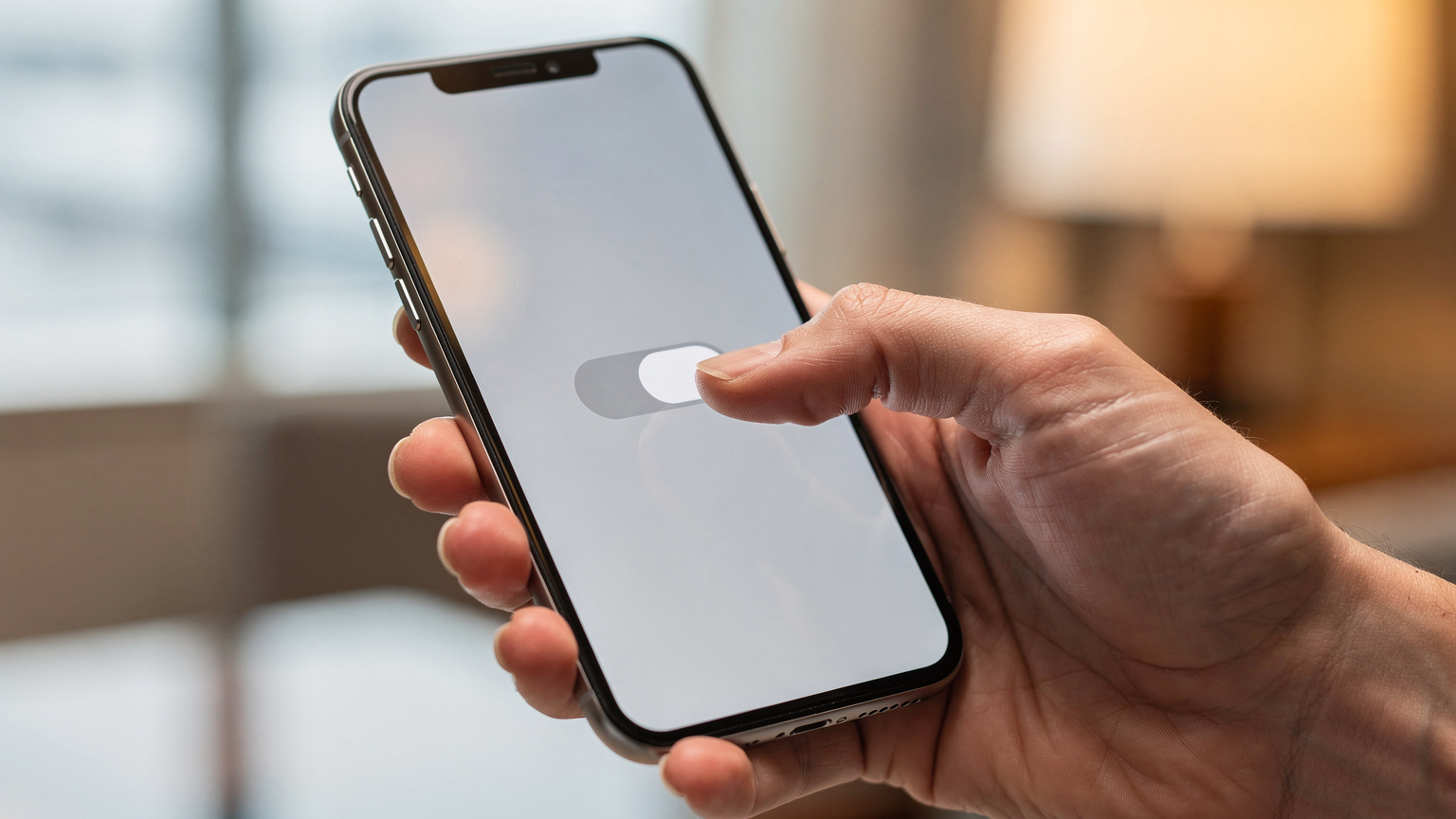 Close-up of a traveler's hands holding a smartphone, with the screen showing cellular settings, as they are about to tap a switch to enable an eSIM plan, in a soft, well-lit environment.