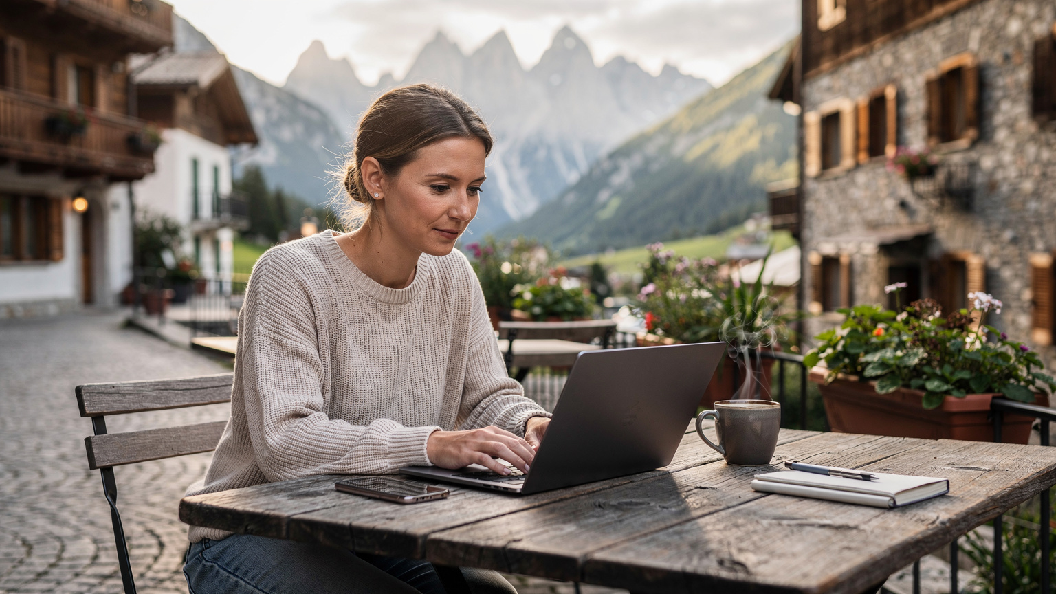 A digital nomad works on a laptop at a rustic outdoor cafe table in a small village in the Italian Dolomites, with mountains blurred in the background, enjoying a stable connection.