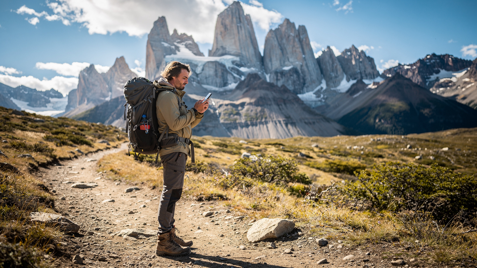 A hiker with a backpack and trekking poles standing on a rocky trail in Torres del Paine, looking at their phone screen with a distant view of the granite peaks, trying to find a signal.