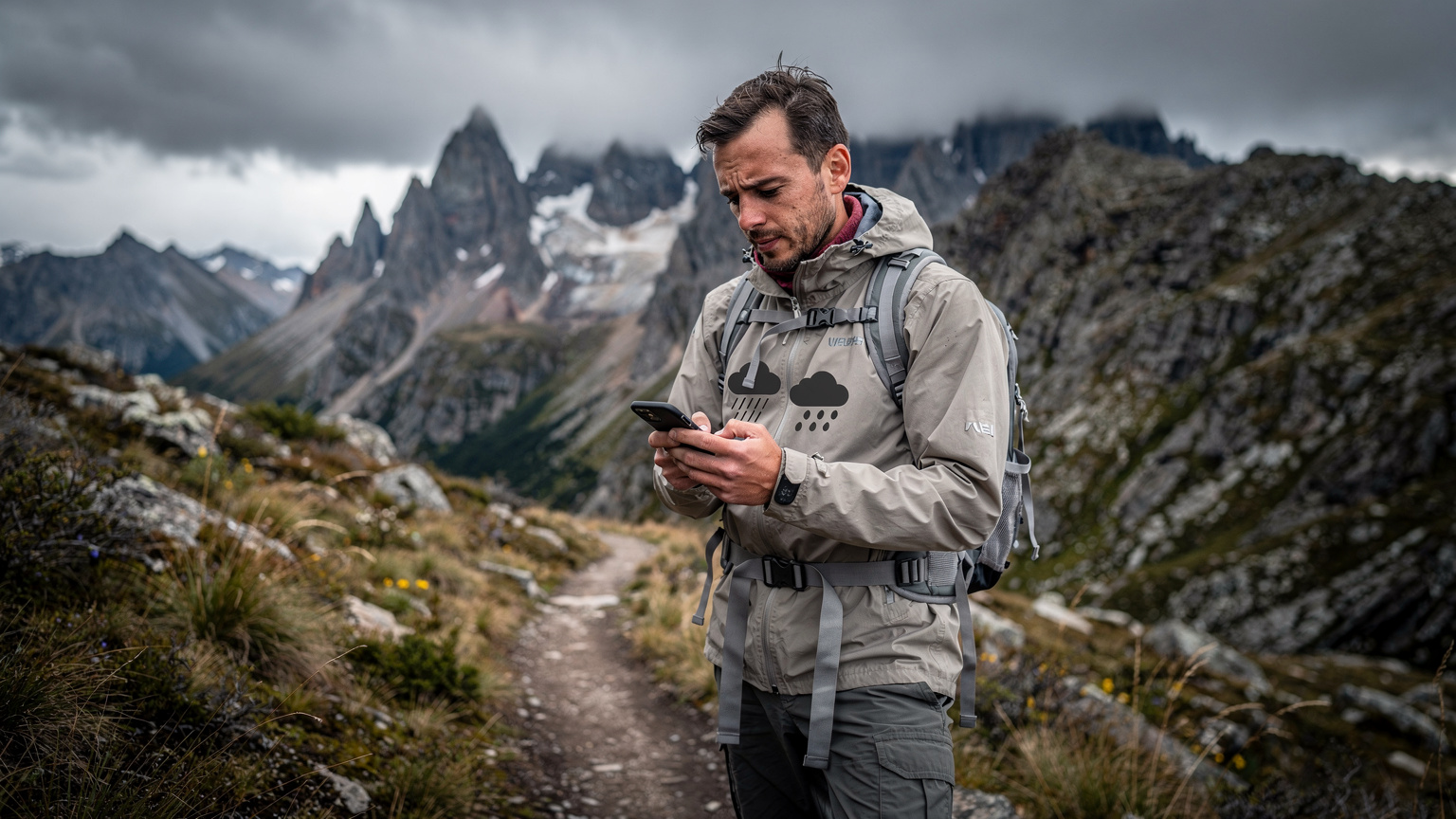 A hiker on a mountain trail in Patagonia looking concerned at their phone displaying a stormy weather forecast.