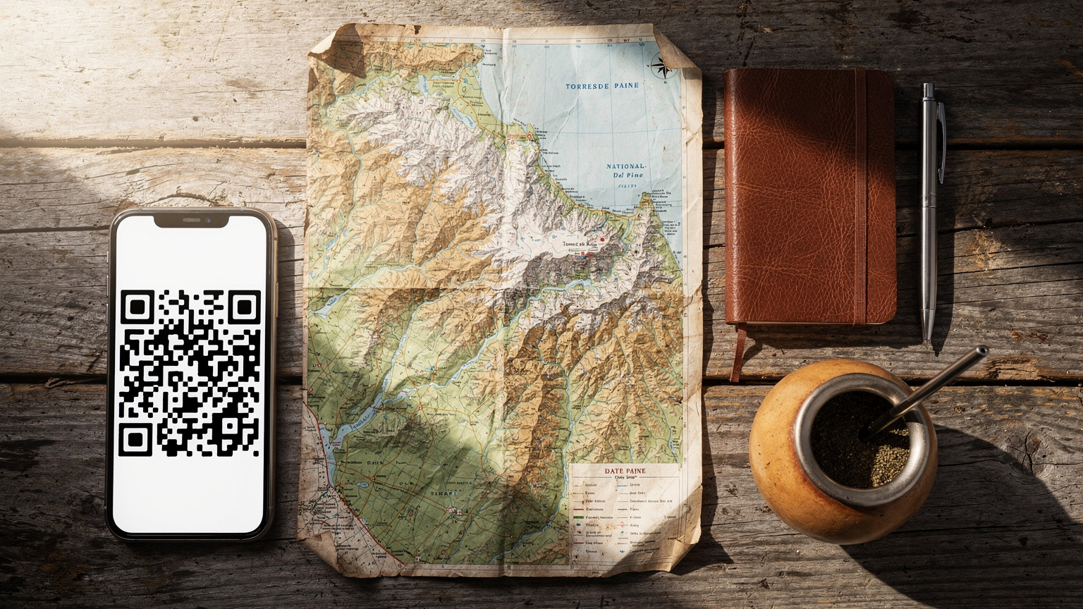 An overhead flat-lay of travel essentials including a map of Torres del Paine, a smartphone with an eSIM QR code, a travel journal, and a cup of mate.