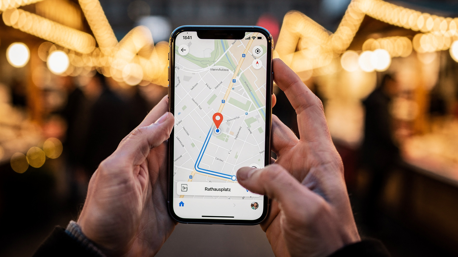 A close-up shot of hands holding a smartphone, with a map app displaying directions to the Rathausplatz in Vienna, against a softly blurred backdrop of festive lights.