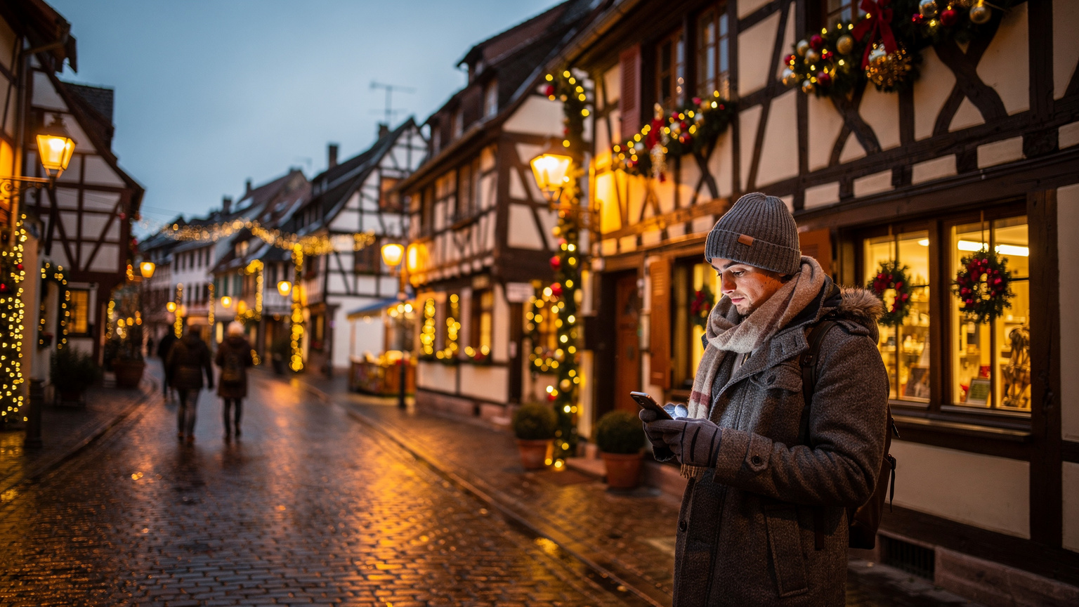 A festive street scene in Strasbourg's Petite France district, with a person looking up information on their phone by a half-timbered house adorned with Christmas decorations.