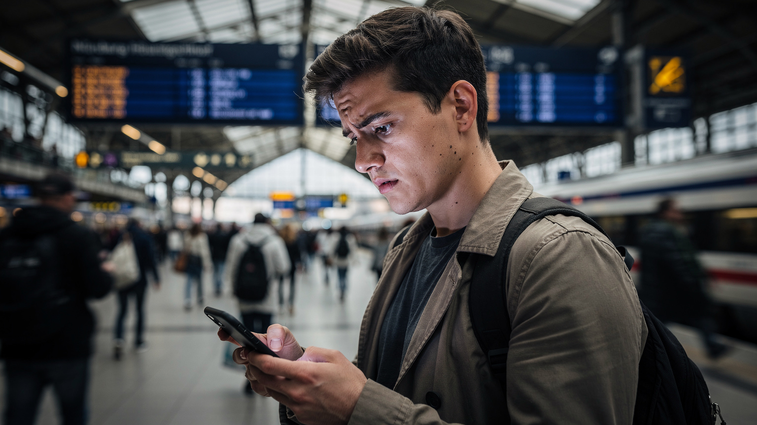 A traveler looks concerned at their smartphone screen while standing in a busy train station concourse, suggesting a connectivity issue.