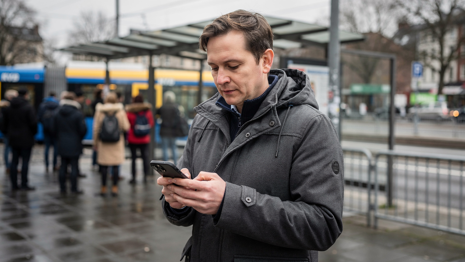 A traveler uses their smartphone for navigation at a bustling tram stop in Cologne, with a KVB tram visible in the background.