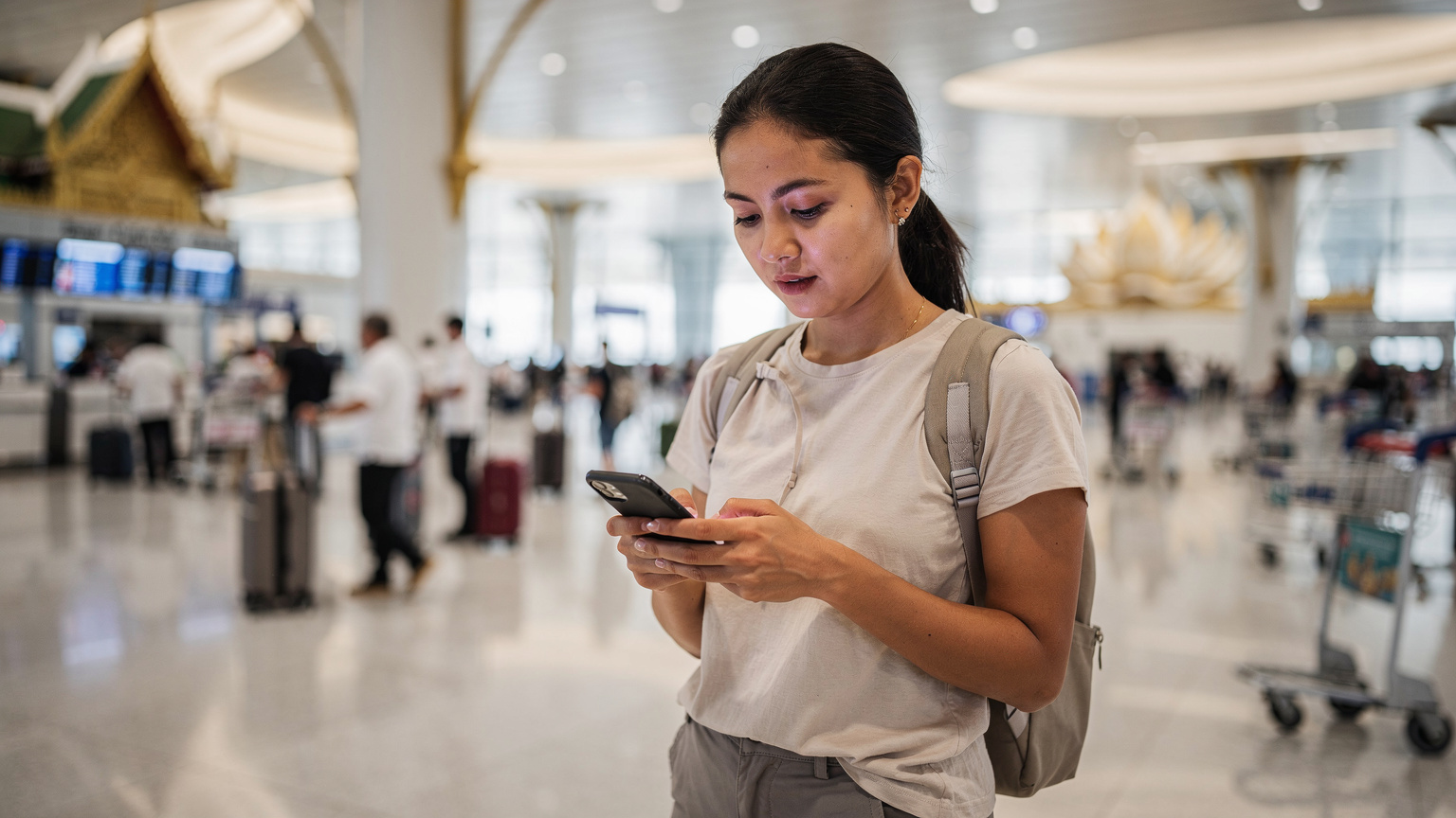 Eine Reisende prüft ihr Smartphone auf eine eSIM-Aktivierungsbestätigung, während sie in der geschäftigen Ankunftshalle des Flughafens Suvarnabhumi in Bangkok steht.