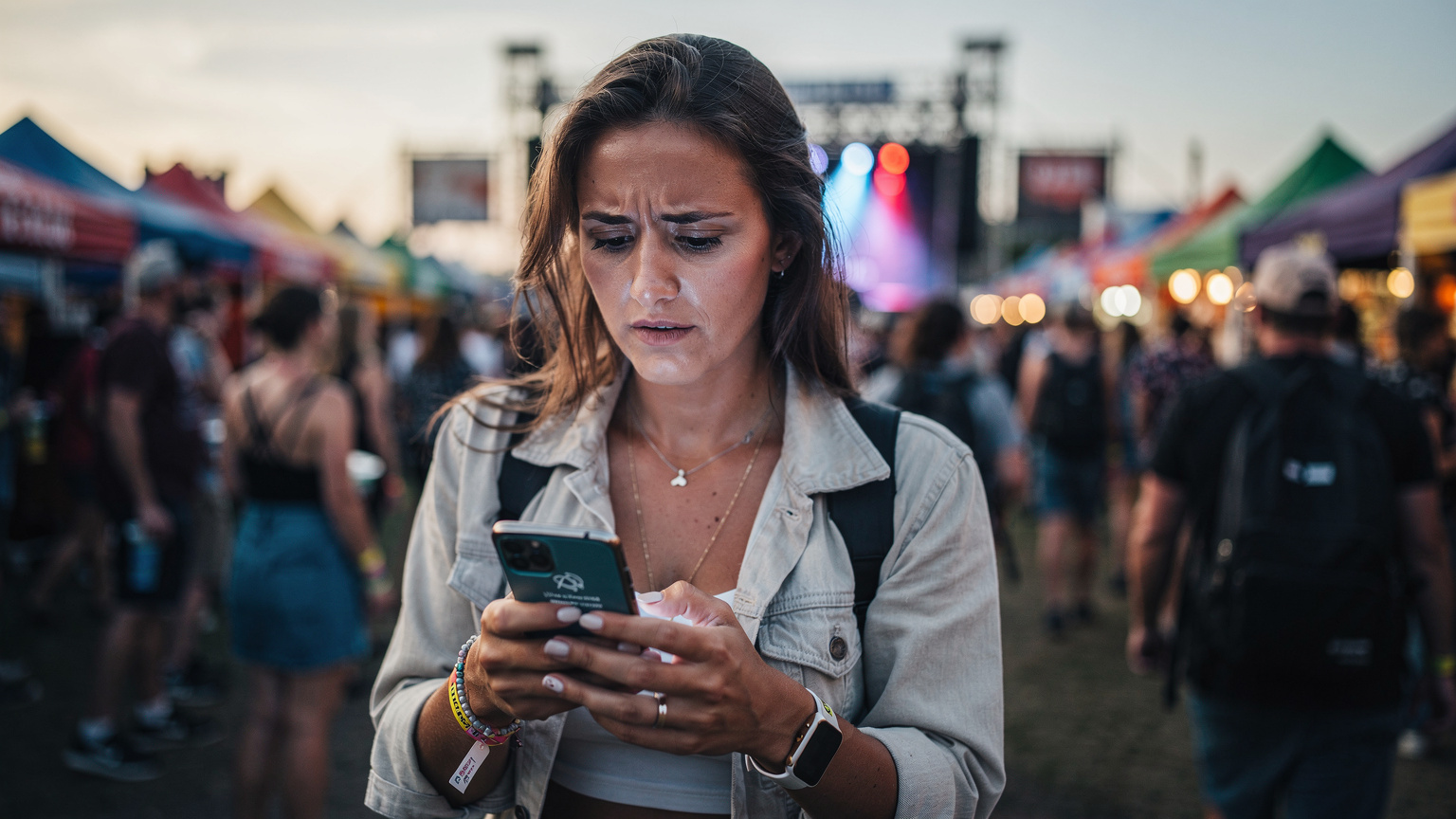 Une femme l'air préoccupé, regardant son téléphone qui affiche un message d'erreur de réseau, dans une zone bondée d'un festival, avec des tentes colorées en arrière-plan et des lumières de scène lointaines.