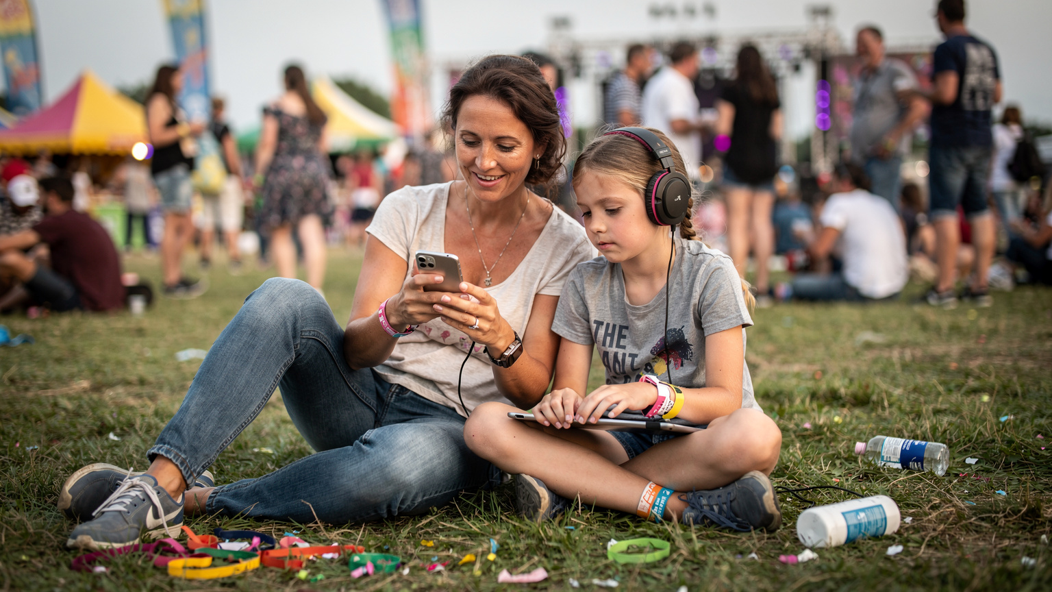 Une mère et sa fille de 12 ans souriantes, assises sur l'herbe d'un festival de musique, la mère consultant son smartphone pour vérifier le programme tandis que la fille est absorbée par son iPad, regardant une vidéo avec des écouteurs.