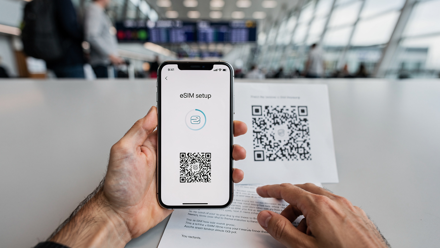 Gros plan sur des mains d'adultes tenant un smartphone affichant l'écran de configuration eSIM, avec un QR code imprimé sur un document à l'arrière-plan, la scène se déroulant dans un hall d'aéroport animé et moderne.