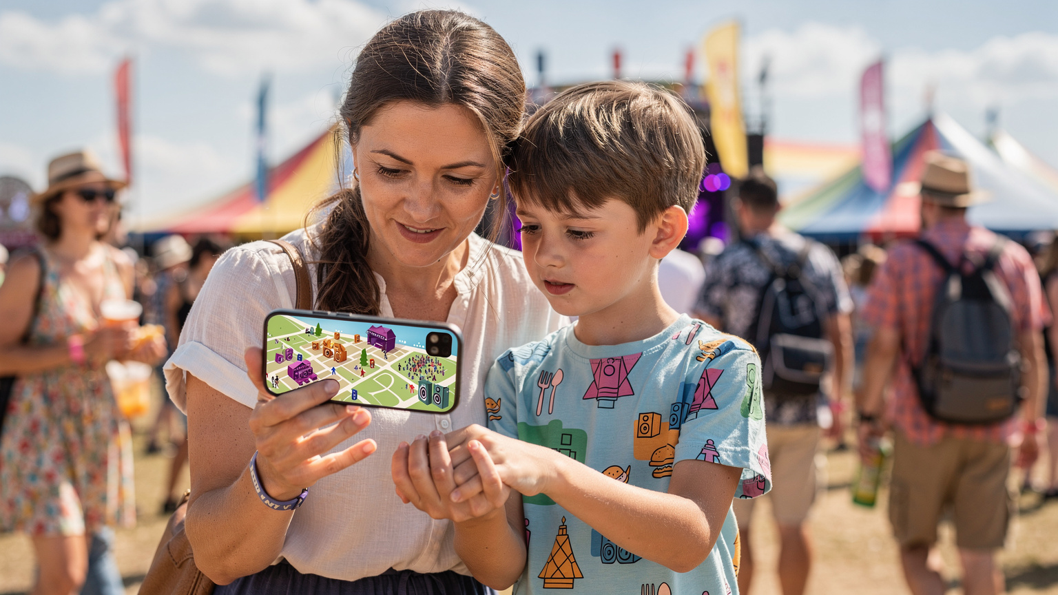 Une mère tenant la main de son enfant, tous deux regardant l'écran de son smartphone, qui affiche une carte numérique du festival avec des points d'intérêt et des scènes, entourés d'une foule joyeuse et diverse.